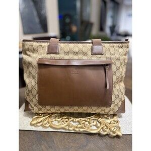 Gucci GG Monogram Canvas Tote Bag Brown Leather Trim Large Pocket Shoulder Bag